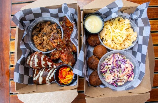 bbq meal, chicken ,ribs, hush puppies, coleslaw