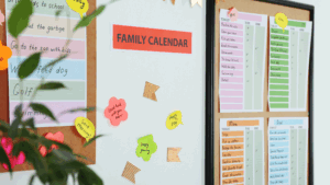 close up of family calendar and events colorful todo lists and postits