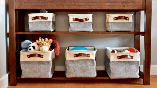 6 bins under a table for storage