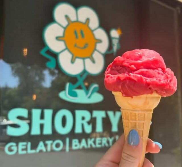 Image of someone holding up a cone of Gelato with the Shorty's Logo in the back