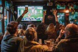 Group of people watching a sports game in a pub, cheering and raising drinks